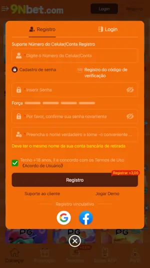 Passos para registrar no 9Nbet